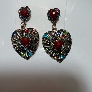 Fantasy Earrings Heart with multi colored rhinestones